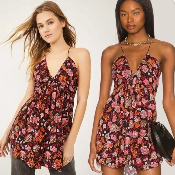 Free People Bohemian Gypsy Floral Halter Tunic Dress Beach Cover Up Bells XL - Picture 7 of 7